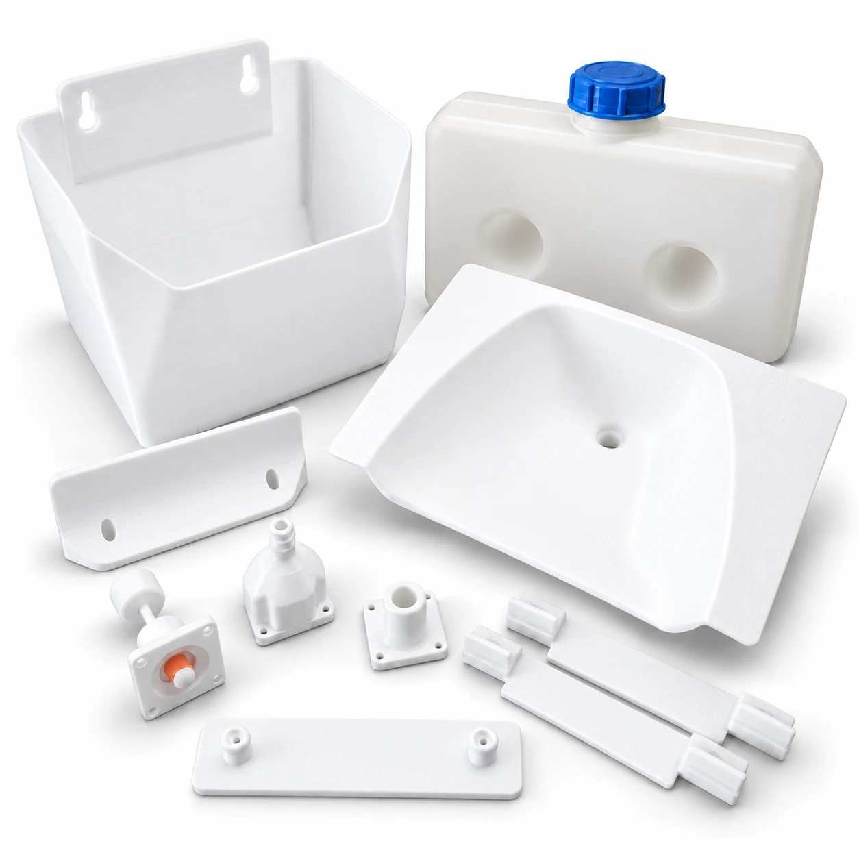 Contenido del kit baño seco DIY WildRover: contenedor de sólidos, depósito de líquidos con tapón azul, separador de orina, sus tres salidas, soportes y guías de montaje.