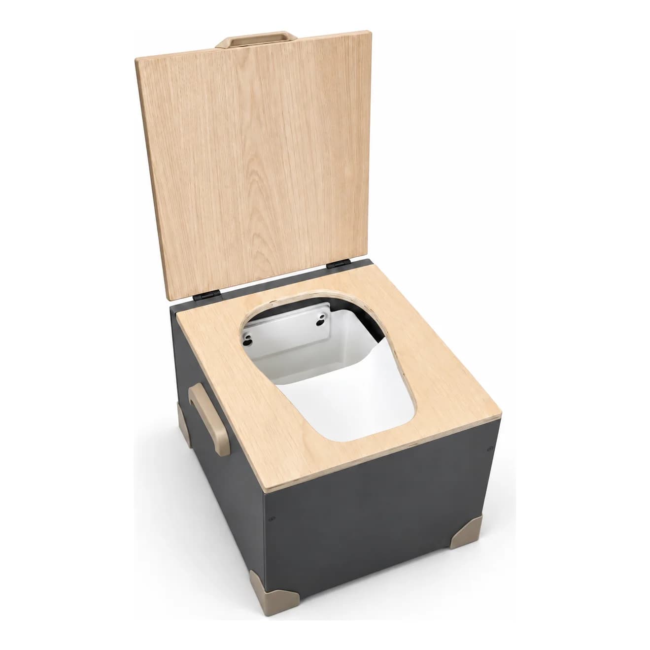 Baño seco WildRover con la tapa abierta. Cuerpo gris grafito, tapa y asiento de abedul, separador de orina blanco visible a través del hueco del asiento.