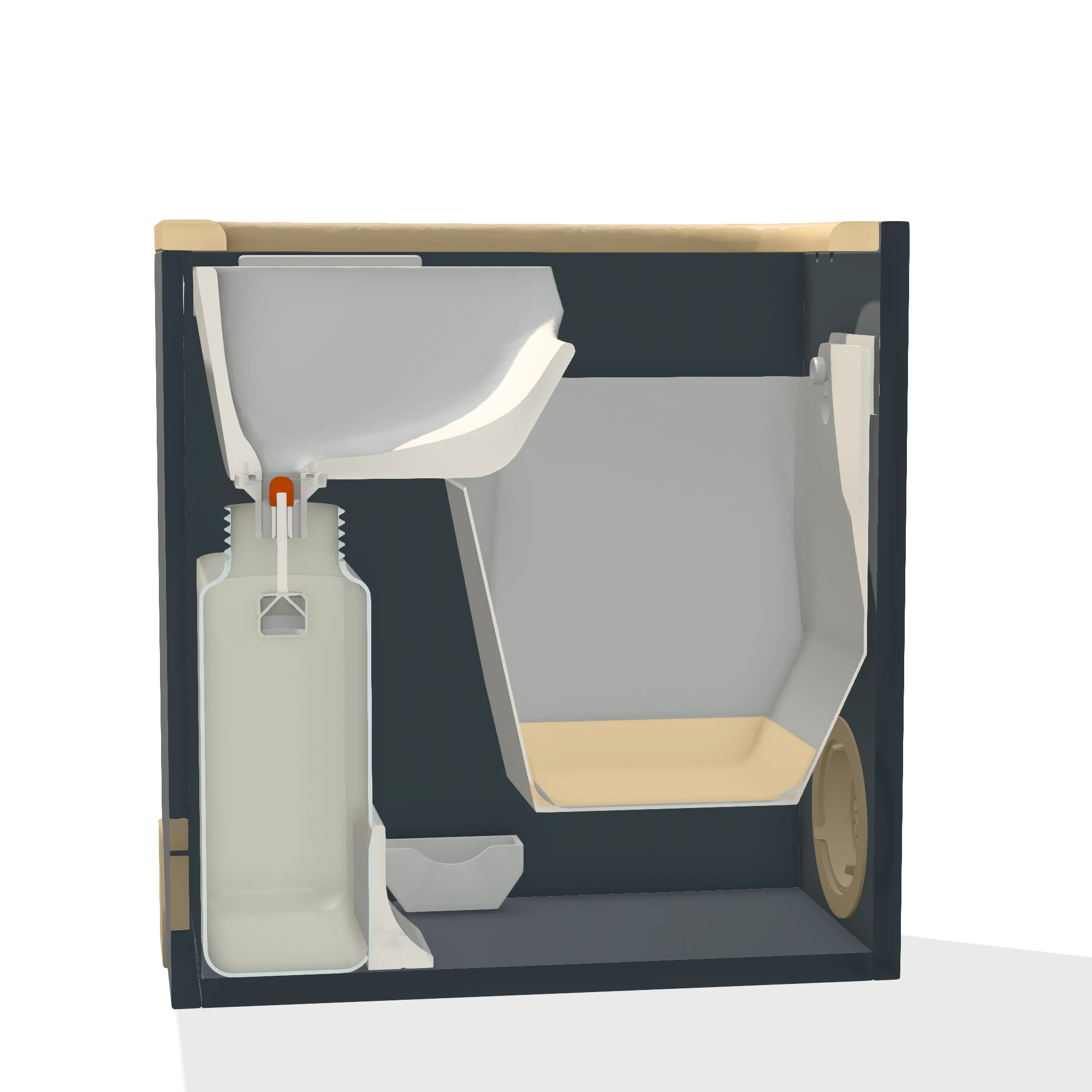 Baño seco WildRover cortado por la mitad, preparado: bolsa y serrín en el contenedor de sólidos, depósito de líquidos vacío.